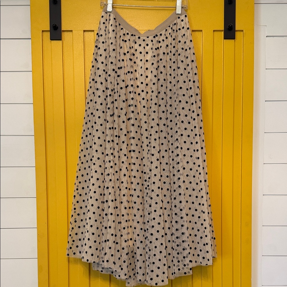 Pleated Polka Dot Maxi Skirt - Beige with Black Dots